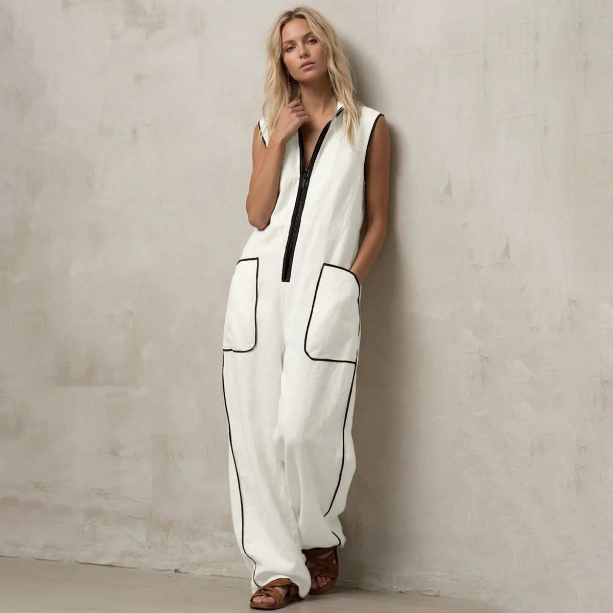 UOOZEE Women White Jumpsuits 2026 New Contrast Color Line Pockets Loose Stand Collar Zipper Casual Vacation Wide Leg Outfits
