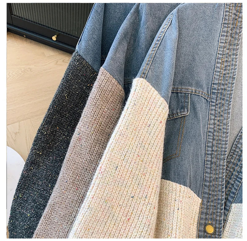 Fat mm200 Pounds Vintage Denim Patchwork Sweater Coat ins Fashion Woman 2024 Autumn and Winter Thickened Loose Niche Cardigan