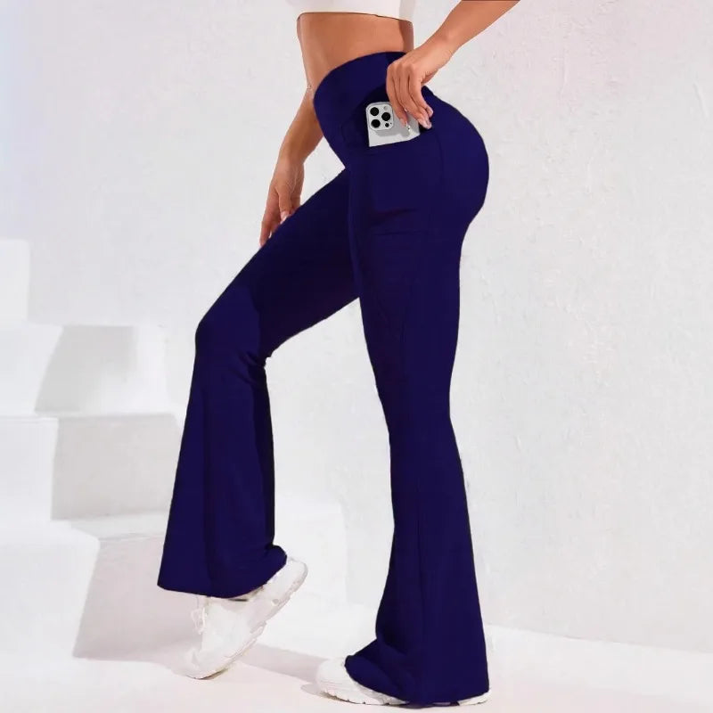 High Waist Flare Leg Yoga Pants Women with Pocket Push Up Butt Running Tights Wide Leg Pants Gym Outdoor Cycling Leggings
