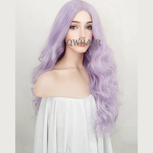 QW Synthetic Hair Pastel Light Purple Wavy Body Wave Soft 13X4 Lace Front Wig For Women Hair Heat Resistant Fiber Cosplay Daily