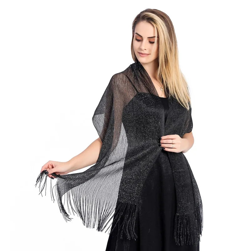 Metallic Silk Scarf Bridal Evening Gown Accessory For Women Wedding Party Prom Bridal Shawl Gold Silver Thread