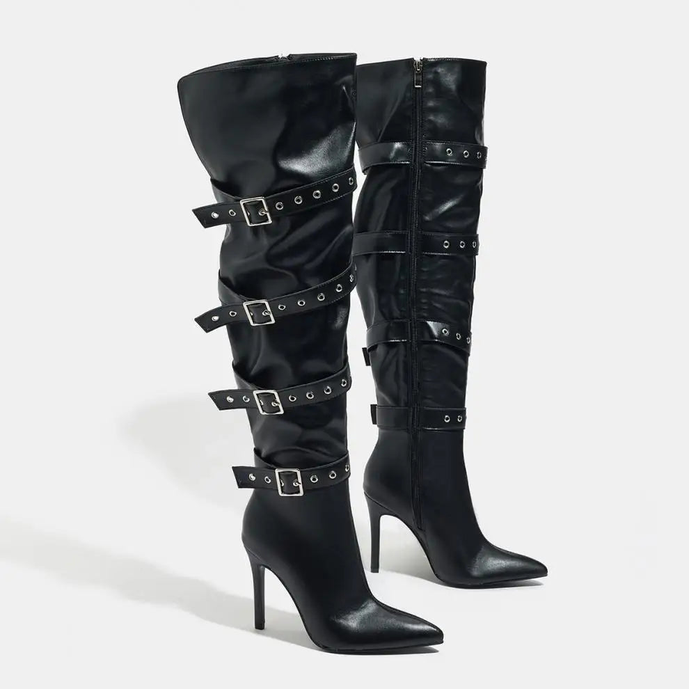 Fashion Belt Buckle Sexy Pointy Toe Over-the-knee Boots Women 10.5CM Stiletto Heels Black Thigh-high Nightclub Club knight Shoes