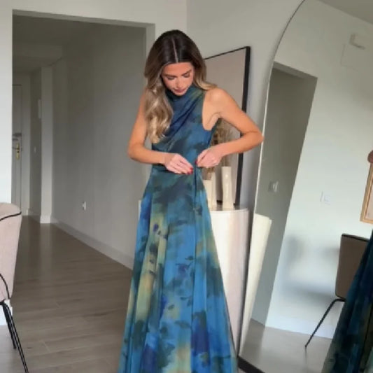 Women's Elegant Blue Watercolor Print Maxi Dress Sleeveless Cowl Neck Satin Formal Evening Gown A-line Floor Length Party Dress