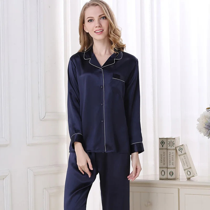 100% Mulberry Silk Pajamas Set for Women Long Sleeve Sleepwear Spring Summer Breathable Lounge Robe Comfortable Cool Silk