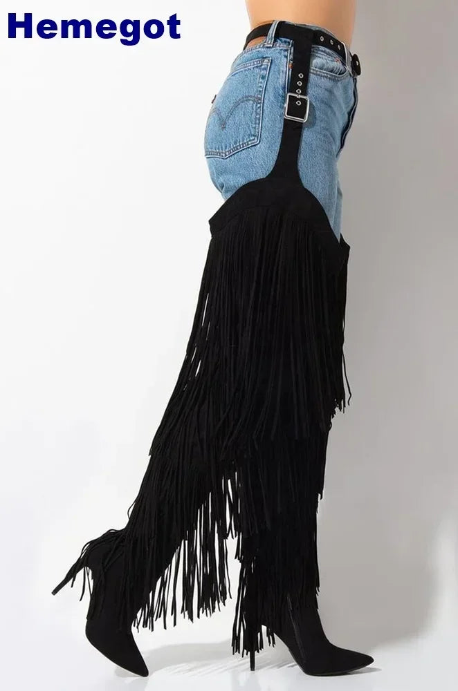 2025 Fashion Ladies Over Knee Belt Tassel Boots Autumn Winter Stiletto Stage Catwalk Model Boots Snake Pattern Street Sexy Boots