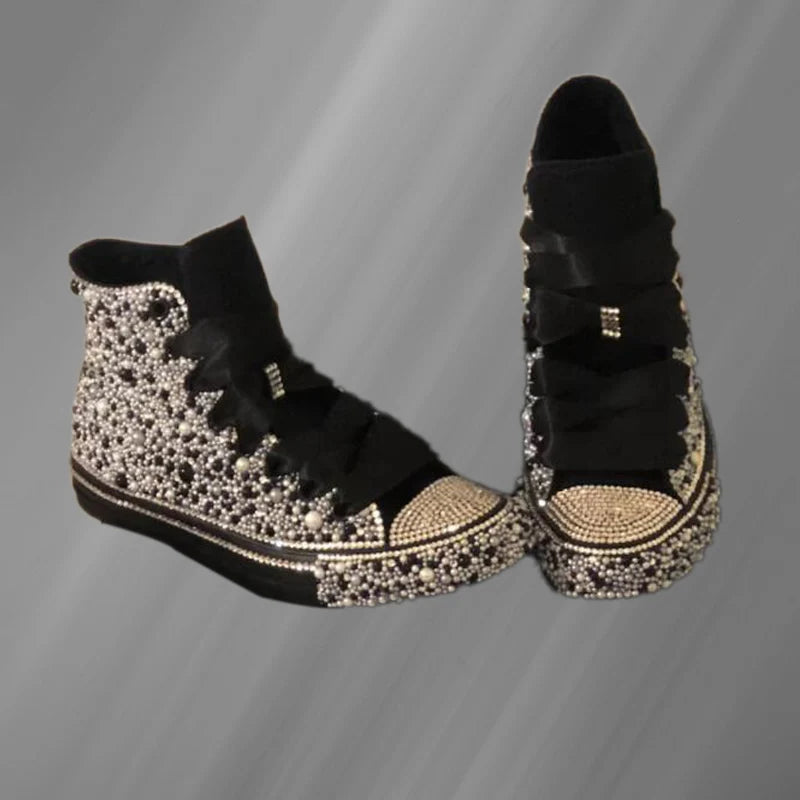 Handcrafted Black Diamond-Filled Party Personality Canvas Shoes Large Size High Top Lace-Up Casual Sports Women's Shoes 35-46