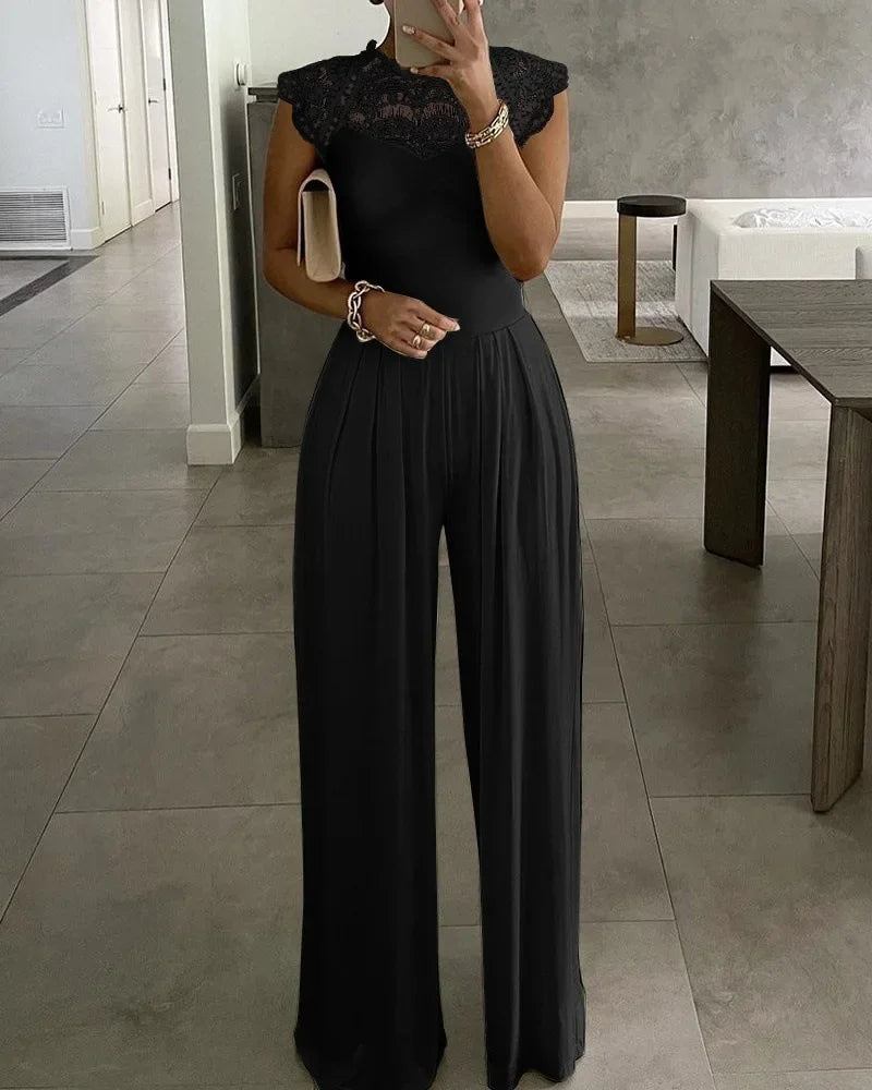 Jumpsuits Women Lace One Piece Wide Leg Pants Folds Round Collar Sleeveless Office Lady Summer 2025 Floor Length Trousers