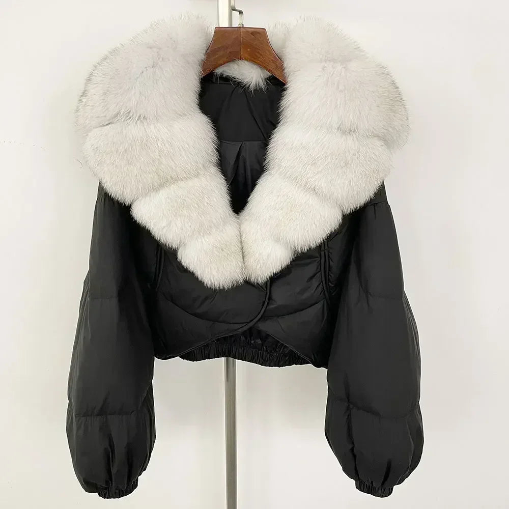 Winter Female White Duck Down Jacket Luxury Loose Short Fashion Casual Women Warm Real Fox Fur Coat Long Sleeve Puffer Jacket