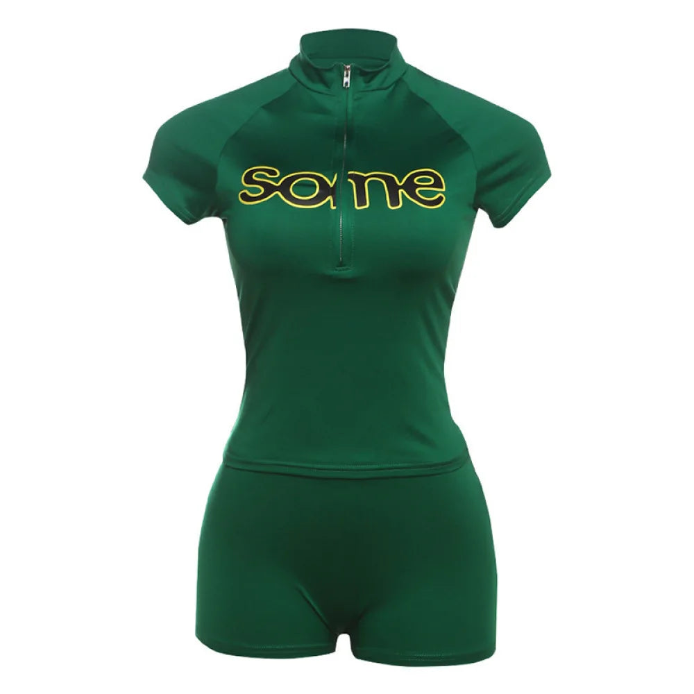 Y2K trendy short sleeved half zip top with letter print, slim fit and atmosphere, millennial style spicy girl top