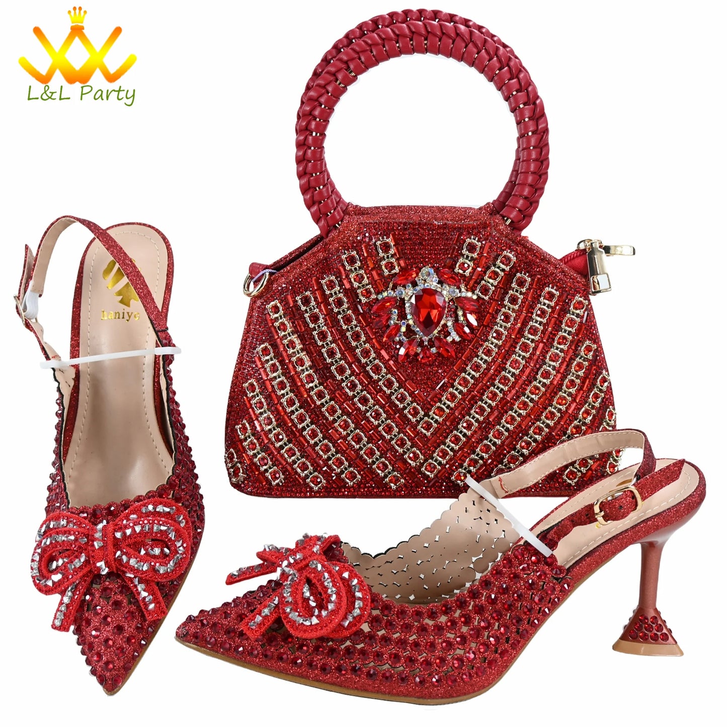 Orange Color New Arrivals Italian Design Nigerian Women Shoes and Bag Set Pointed Toe Slipper with Shinning Crystal for Party
