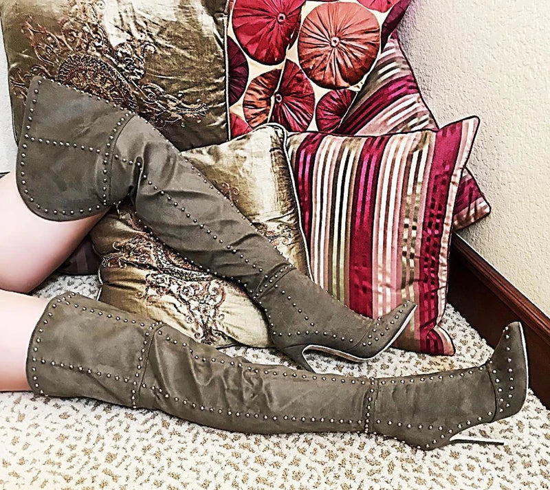 Sexy Green Blue Suede Gold Studs Women Over The Knee Boots Ladies High Heel Thick Slip On Point Toe Rivets Motorcycle Botas
