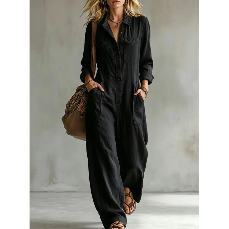 Autumn Simple Solid Women's Jumpsuit Fashion Button Half Open Design Loose Lapel Jumpsuits With Pocket Ladies Office Clothing