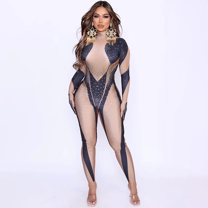 Sexy Full Diamond Long Sleeved Jumpsuit Ballroom Pole Dancer Performance Outfit Fashionable Club Suit Women's Photography