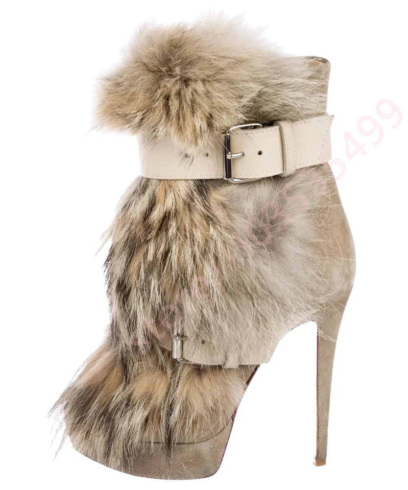 Winter Platform Belt Buckle Soft Fur Short Boots Fashion Show Party Casual Furry Boots New Sexy Women's Stiletto Warm Boots