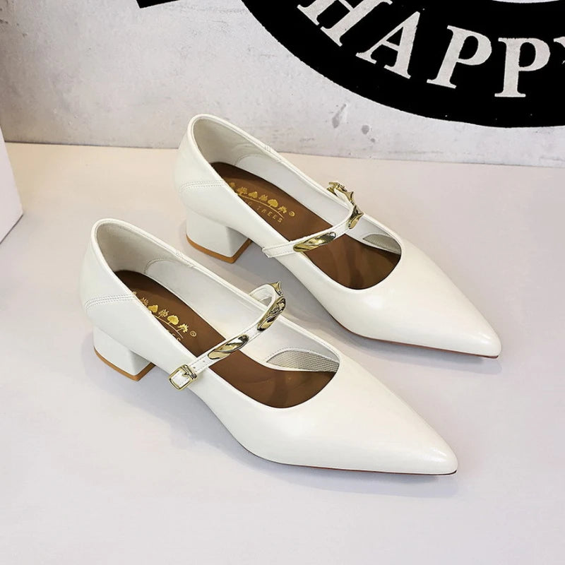 Women Korean Vintage Soft Split Cow Leather Pointed Pumps Simple Single Metal Buckle Strap Mid Chunky Heel Comfort Office Daily