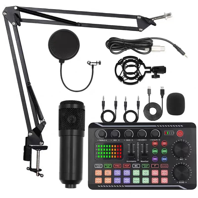 F998 Live Streaming Sound Card Kit Rechargeable Condenser Microphone With Stand Bluetooth Mixer For Streaming Recording