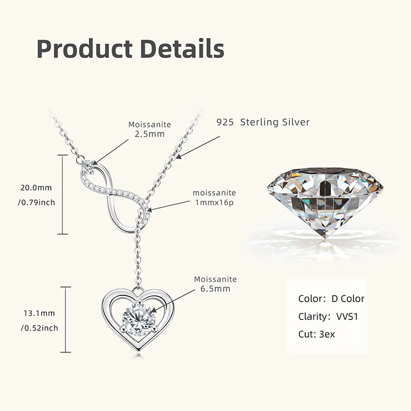 Lnngy 925 Sterling Silver Y-Shaped Heart Pendant Necklaces For Women Certified 6.5mm&2.5mm&1mm Moissanite Necklace Jewelry Gift