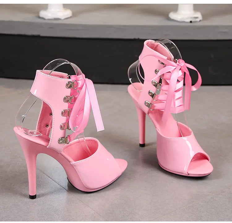2025 New Sexy Pink High Heels 11cm Women's Shoes Fine Heels Round Head Ladies Pumps Ankle Lace-up Buckle Sandals Nightclub Shoes