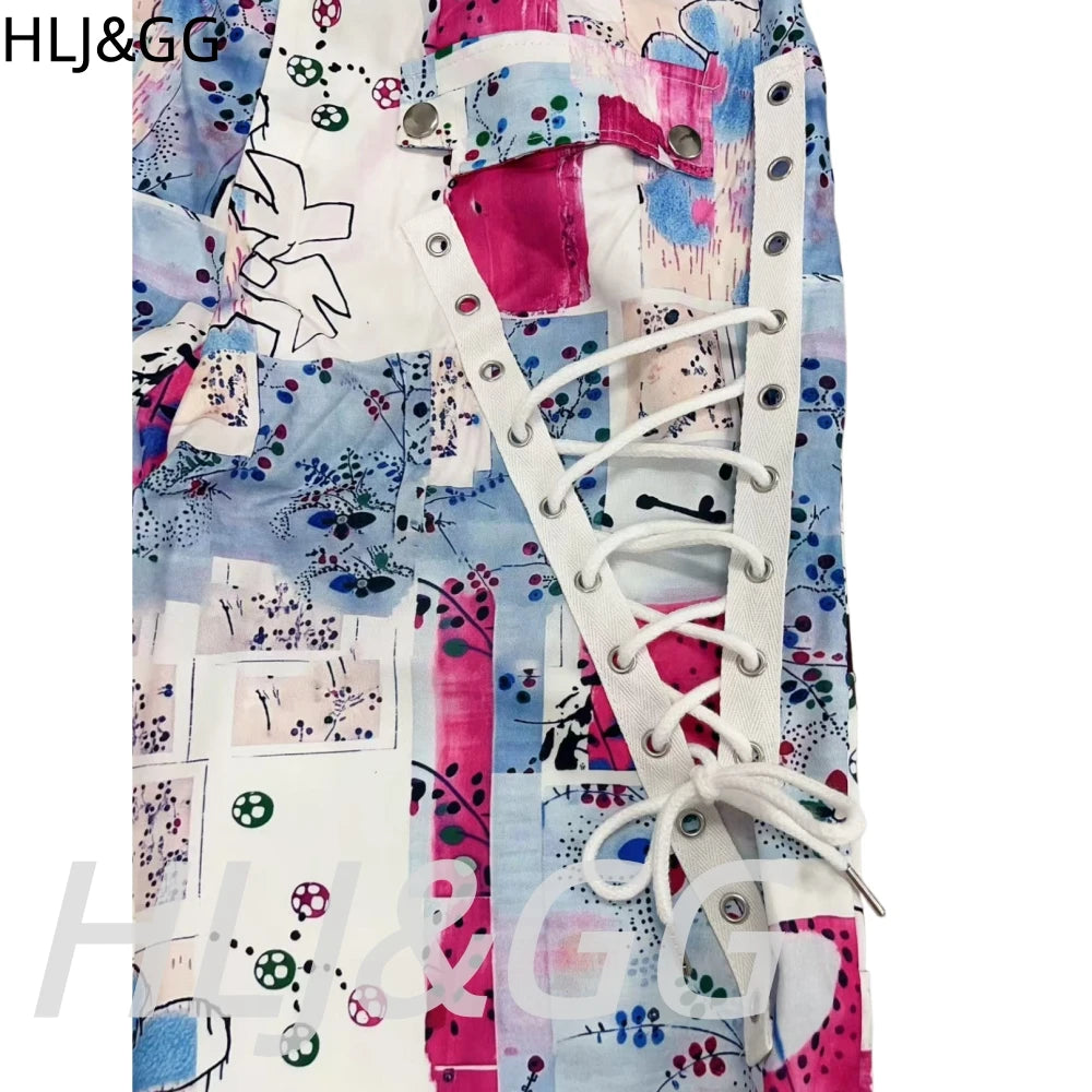 HLJ&GG Sexy Hot Graffiti Bandage Skinny Pants Two Piece Sets Women Spaghetti Strap Lace Splice Crop Top And Pants Streetwear