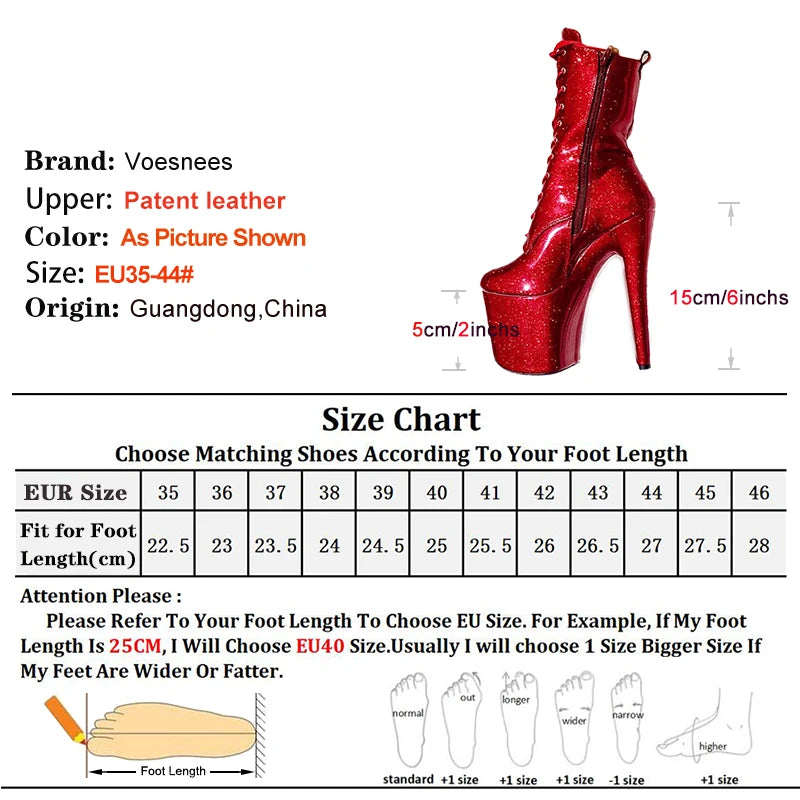 20CM/8Inch Bling Pole Dance Boots Woman Glossy Patent leather Red lace-up Nightclub Shoes Extreme high heel Platform Short Boots