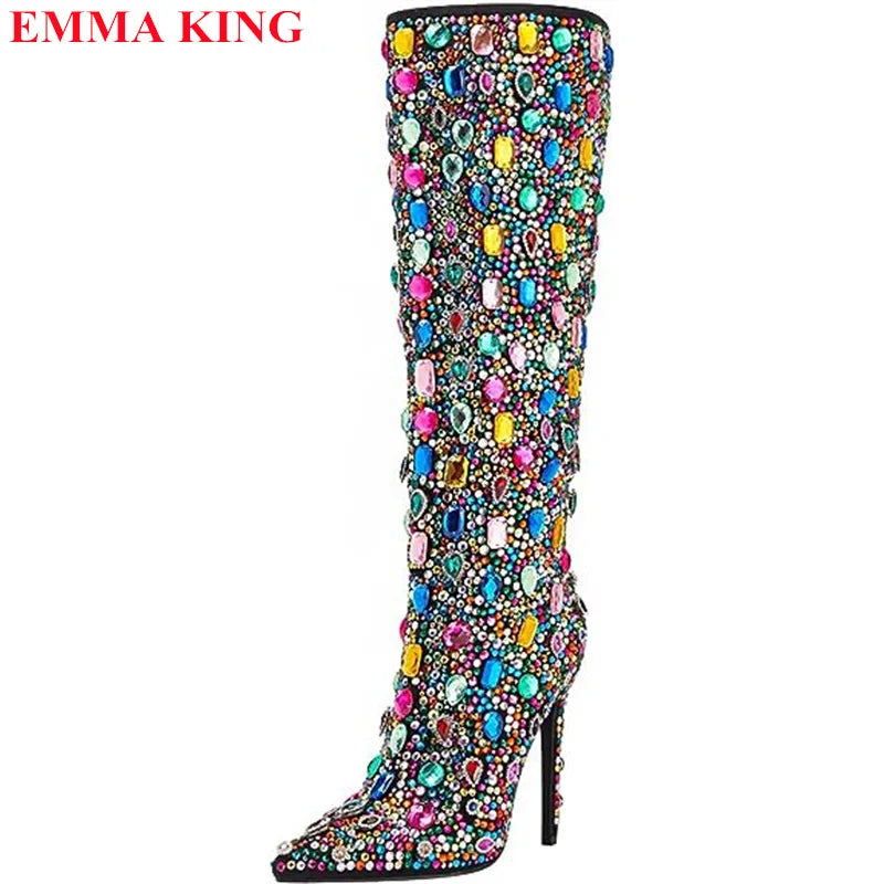Women Fall Rhinestone Stud Knee High Boots Mixed Color Bling Pointed Toe Female Boots Luxury Designer High Heels Party Shoes