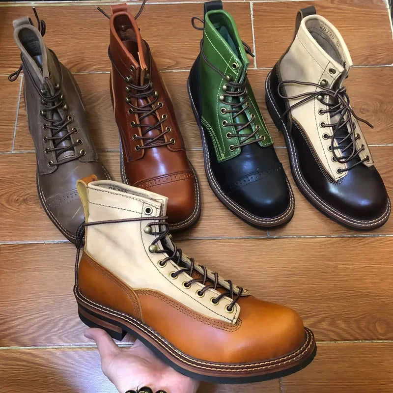 New Vintage British Round Toe Men Shoes Lace-Up Genuine Cow Leather Ankle Boots Work Dress Motorcycle Boots Red Brown Casual