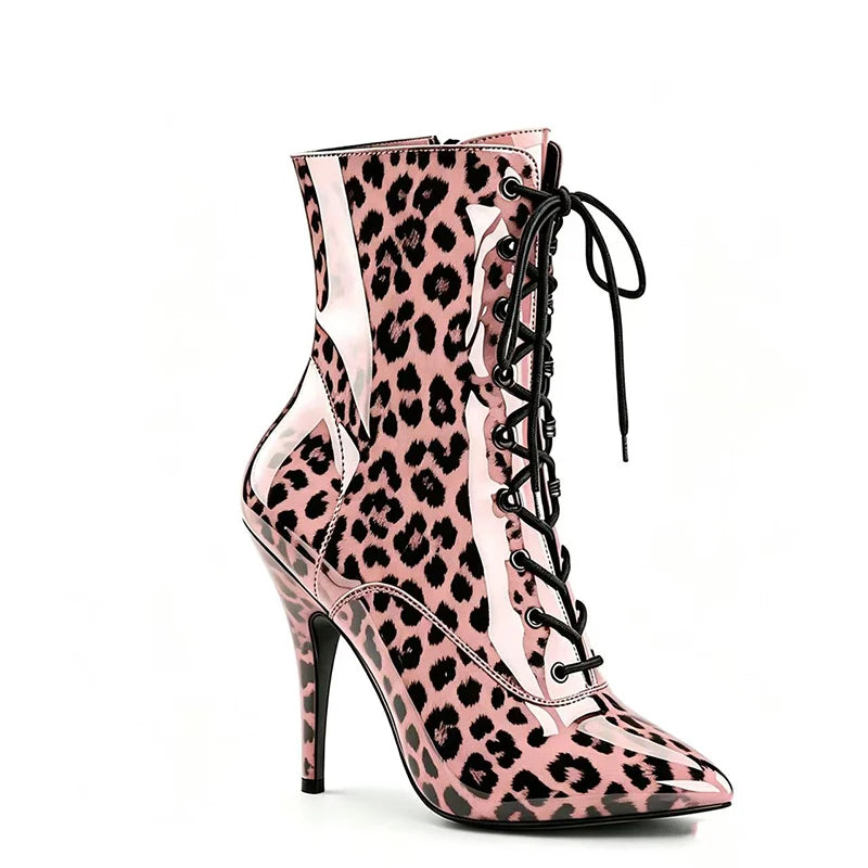 Glossy Leather Pointy Short Boots Woman 2026 New Red Leopard Print Large Size Shoes 12CM Thin Heels Boots For Party & Night Club