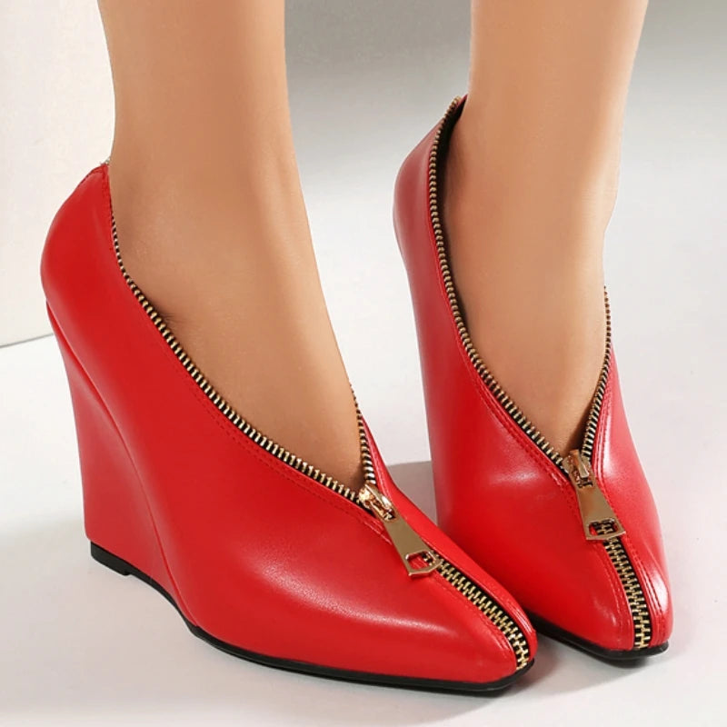 Sexy Women's Wedge High Heels Pumps Shoes Sexy Zipper Black Red White Wedges Heeled Large Size Office Party Wedding Shoes Ladies