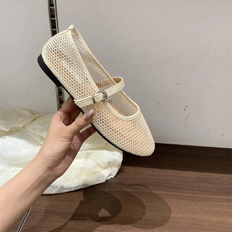Mesh Ballet Flats Fishnet Luxury Brands Hollow Sandals Women Flats Shallow New Beach Retro Female Comfortable Shoes Breathable