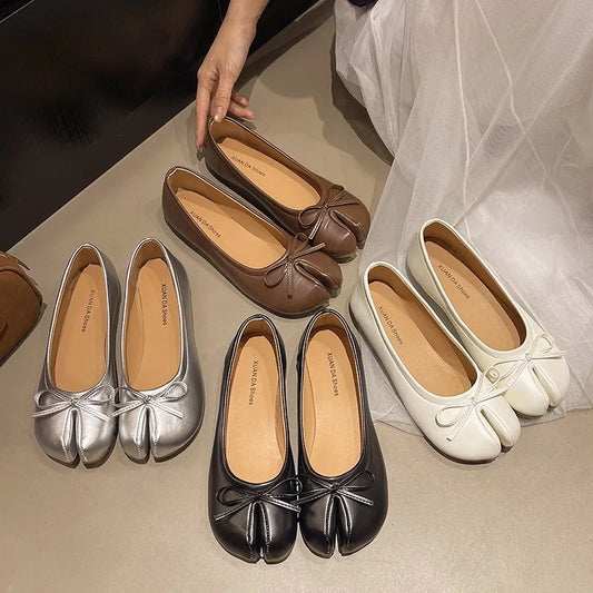Luxury Brand Spring Retro Women's Bow Split Hoof Toe Single Shoes Comfortable Rubber Bottom Ladies Tabi Ninja Ballet Flat Shoes