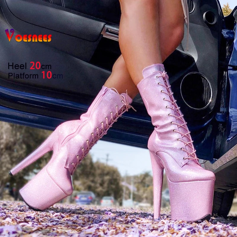 20CM/8Inch Bling Pole Dance Boots Woman Glossy Patent leather Red lace-up Nightclub Shoes Extreme high heel Platform Short Boots