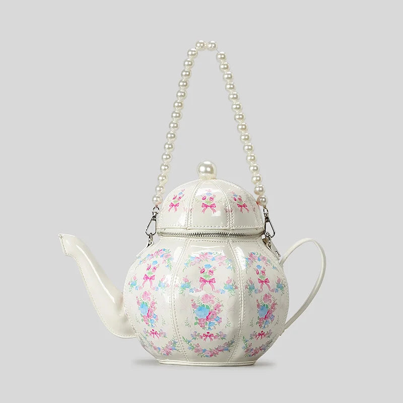 Creative Vintage Printed Teapot Design Women Handbags Pearls Chains Shoulder Bag Designer Luxury Crossbody Bag Small Buckets Bag