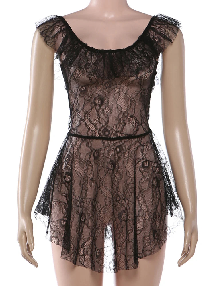 Kliou Sexy See Through Short Dress Woman Ruffles Decoration Low-Neck Backless Sleeveless Vacation Beach Party Style Mini Bodycon