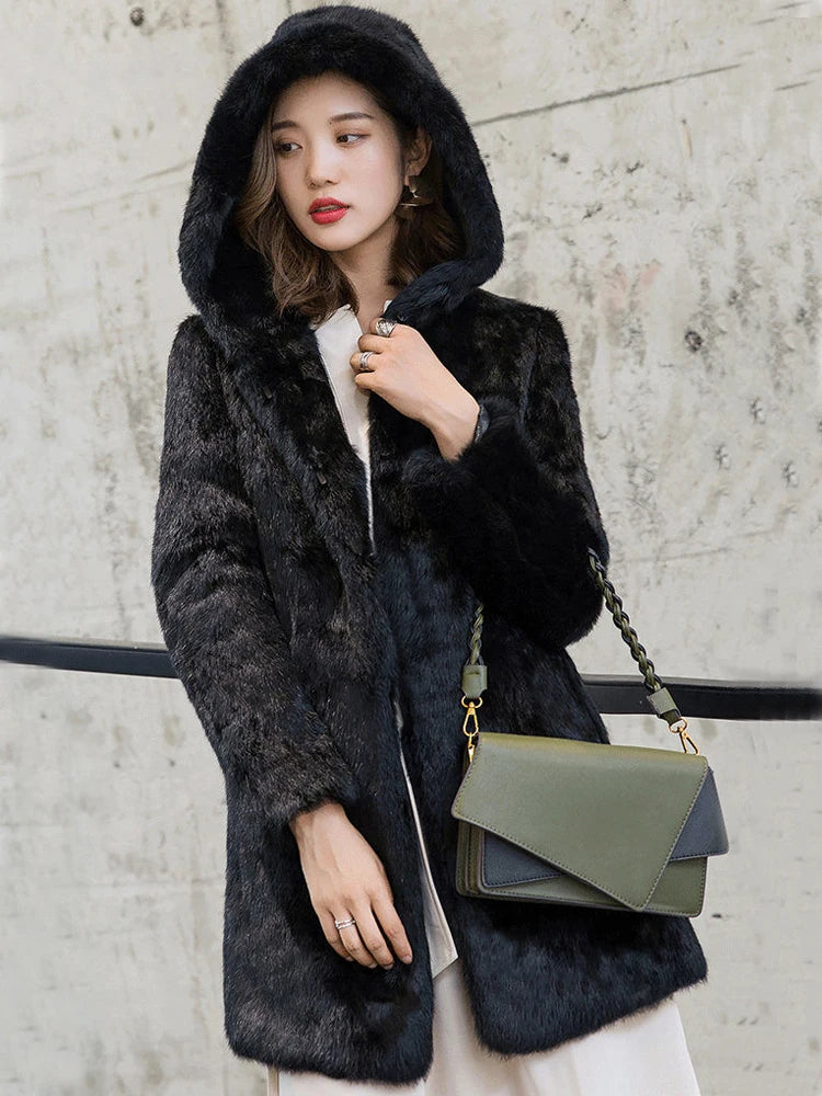 2025 New Luxury Big Hood Real Rabbit Fur Coat For Women Factory Wholesale Full Pelt Nature Ladies Rabbit Fur Overcoat NZ101