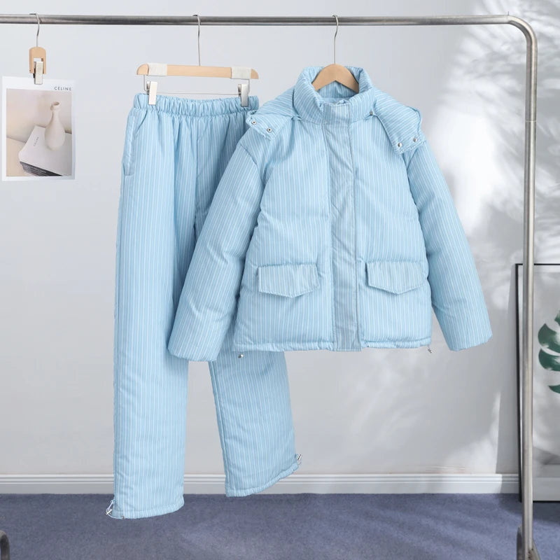 Polka Dots Hooded Cotton Coats Trousers Set 2026 Winter Loose Zippers Drawstring Jacket Elastic Waist Pants Women's Warm Outfits