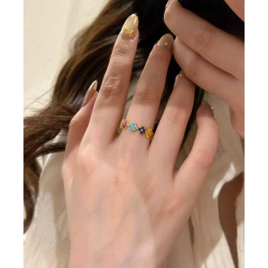 925 Sterling Silver Colorful Four-Leaf Petal Ring for Women Light Luxury, High-End, Trendy Fashion Fine Jewelry Gifts