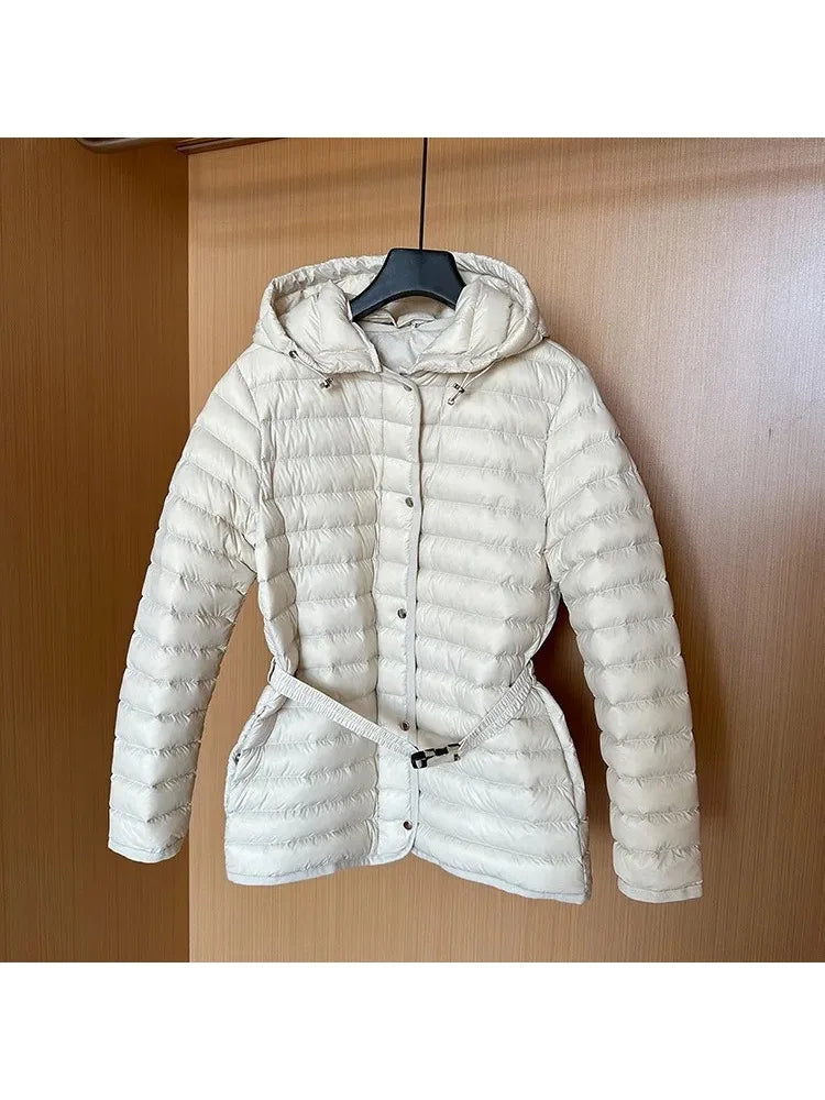 2025 Autumn Winter Luxury Lightweight Short Slim 90% White Duck Down Jacket Women Hooded Detachable Sash Warm Down Coat Fashion