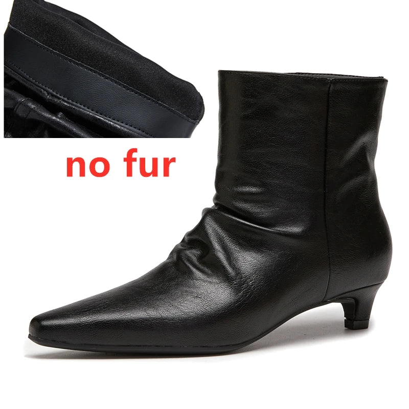 AIYUQI 2026 Women Pointed Toe Ankle Boots Vintage Ruched Kitten Heel Short Boots Elegant Slip On Dress Booties for Daily Party