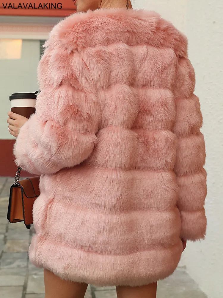 2026 Winter Long Sleeve Faux Fur Long Coat Women Elegant Pink Fluffy Outwear Jacket Lady Solid Casual Thick Warm Furry Outwear