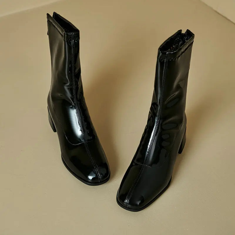 Black Thick Heel Short Boots For Women 4.5CM Fashion Back Zipper Autumn Winter Woman Shoes Square Toe Leisure Daily Ankle Boots