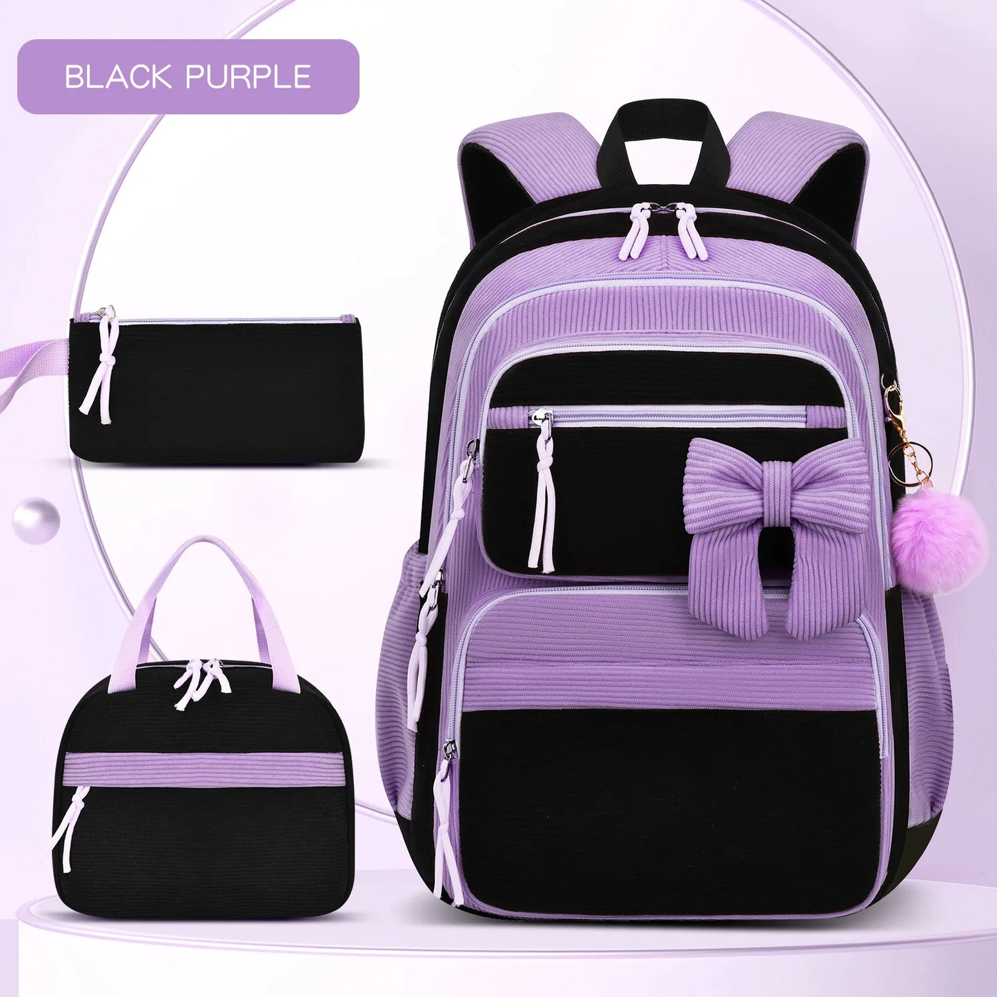 2026 High Quality Corduroy Three Piece Backpack with Cherry Pattern Princess Large Capacity Lightweight School Bag mochilas