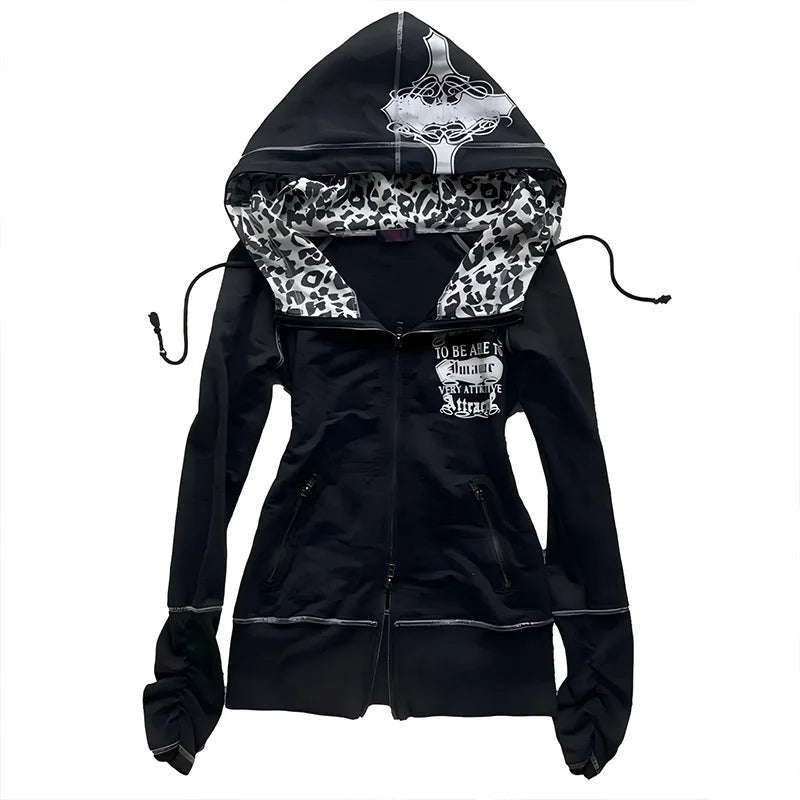 Women's Hooded Cardigan Sweatshirt Y2K Street Fashion Harajuku Hot Girl American Retro Hip Hop Rock Jacket 2000s Aesthetic