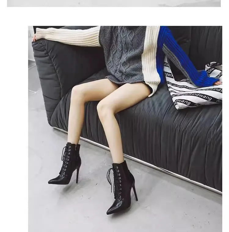 12CM Stiletto Heels Botas Mujer Fashion Pointed Lace-up Ankle Boots Roman Ladies Shoes Autumn Winter Women Emboss Short Booties