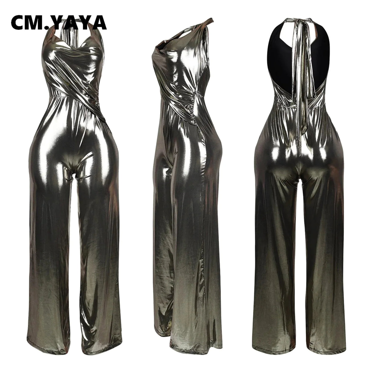 CM.YAYA Women Heaps Collar V-Neck Backless Wide Leg Straight Sleeveless Jumpsuits Spring Sexy One Piece Set Streetwear Outfits