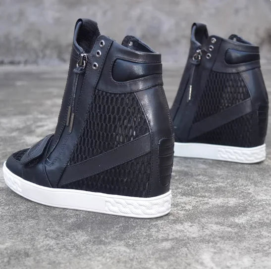 Mesh Net Height Increasing Ankle Boot 8CM Round Toe Hook Loop Leisure Shoes Zipper Rubber Sole Wedge Shoes Black White