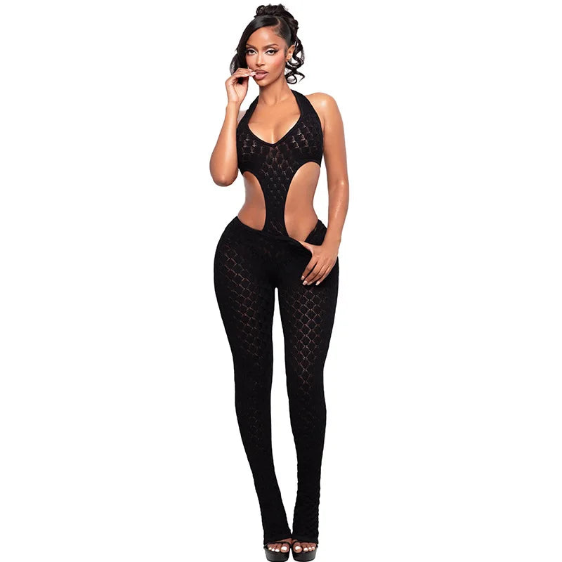 FLARORA Sexy Hollow See Through Jumpsuits Woman Trend Halter V Neck Sleeveless Backless Bandage Jumpsuit Hottie Street Overalls