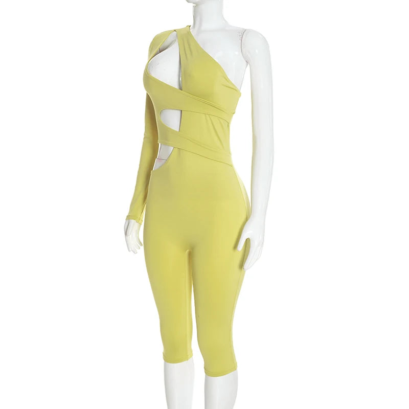 Solid color sexy single shoulder hollow out long sleeved one-piece slim fit pants