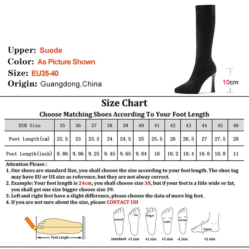 Black Knee High Boots For Women Pointed Toe 10cm High Heel Platform Side Zipper Slim Party Tall Boots Autumn Winter Lady Shoes