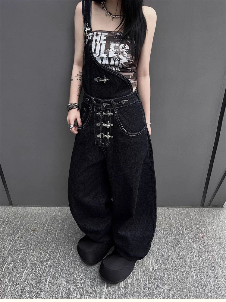 Women's Detachable Black Overalls Street Jumpsuits Straight Unisex Trousers Wide Leg Sweatpants High Waist Casual Baggy Pants