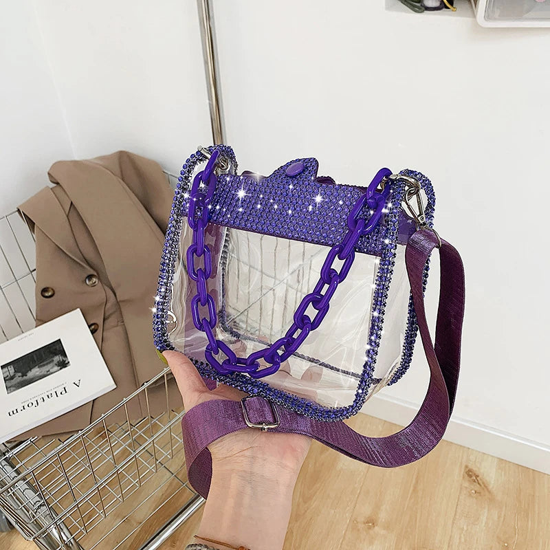 2026 NEW Transparent Shoulder Bag New Chain Handbag Fashionable Diamond Inlaid Jelly Bag PVC Women Crossbody Bag
